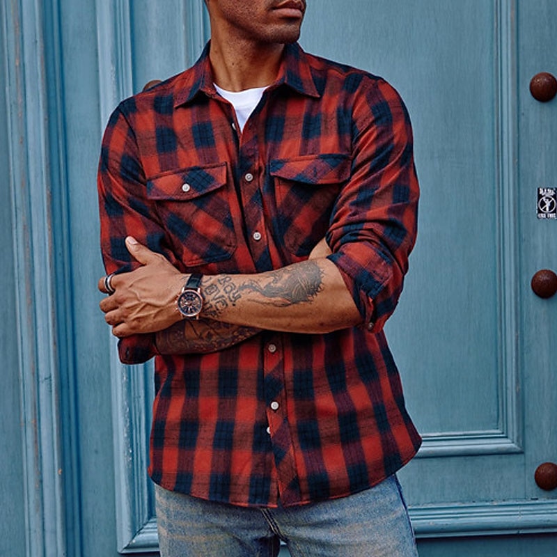 Men's Shirt Flannel Shirt Plaid Shirt Button Up Shirt Overshirt Plaid / Check Outdoor Daily Wear White Wine Red Navy Blue Long Sleeve Lapel Spring &  Fall Clothing Apparel Front Pocket4