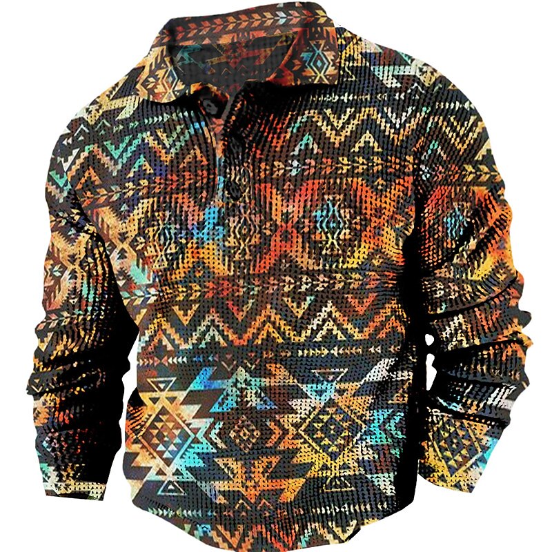 Men's Tribal Waffle Polo Shirts Golf Shirt Long Sleeve Polo Shirts Collared Shirts Vintage Casual Vacation Wear Party Outfits Buttons 3D Print Fall & Winter Yellow Blue Orange 5