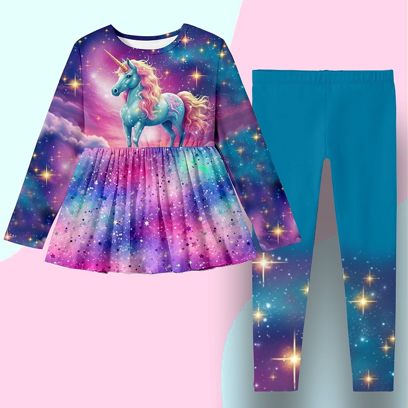 Girls' 3D Graphic Galaxy Unicorn T-shirt & Pants Dress Set Clothing Set Long Sleeve 3D Print Spring Fall Winter Active Fashion Daily Kids 3-12 Years Outdoor Vacation Date Regular Fit3