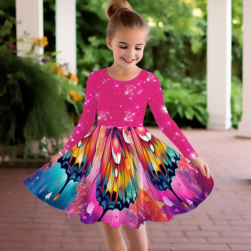 Girls' 3D Graphic Butterfly Dress Long Sleeve 3D Print Summer Fall Vacation Sports & Outdoor Daily Cute Casual Beautiful Kids 3-12 Years Casual Dress A Line Dress Above Knee Regular Fit