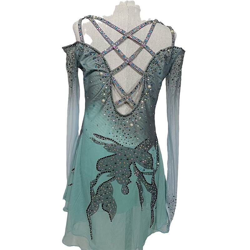 Figure Skating Dress Women's Girls' Ice Skating Dress Blue+Light Blue Patchwork Thumbhole Mesh Spandex Stretchy Training Practice Professional Skating Wear Crystal / Rhinestone Long Sleeve Figure2
