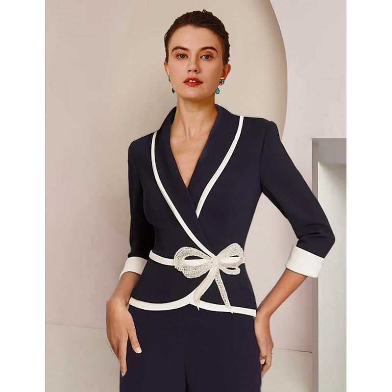 Women's 2 Pieces Suits Formal Wedding Guest Wedding Party Chiffon Elegant 3/4 Sleeve Pleated Floor Length Shawl Lapel2