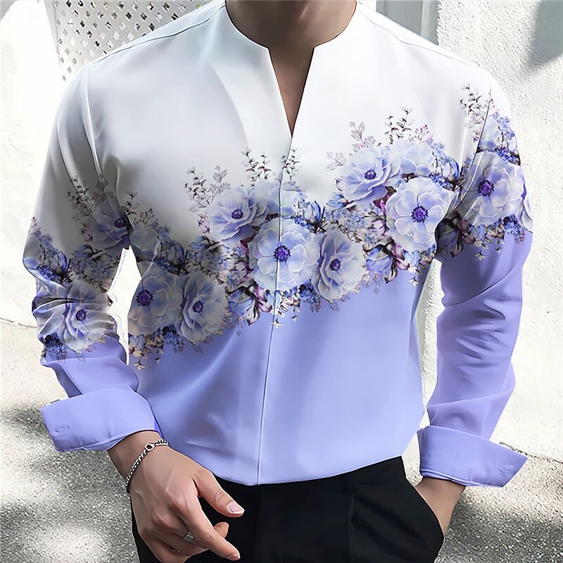 Men's Floral Shirt Button Up Shirt Long Sleeve Fashion Streetwear Designer Outdoor Casual Daily Summer Fall V Neck Print Yellow Pink Blue Purple Gray3