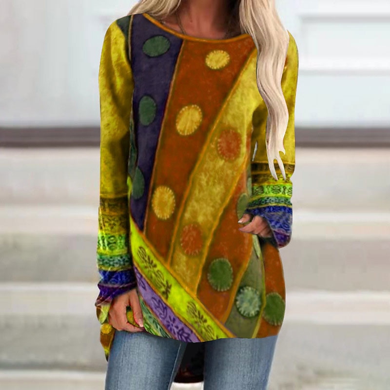 Women's T shirt Tee Yellow Red Purple Graphic Print Long Sleeve Casual Weekend Daily Tunic Basic Round Neck Regular Fit Painting Fall & Winter4