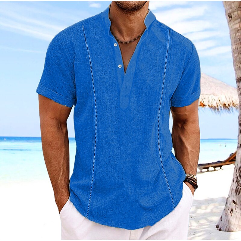 Men's Shirt Linen Shirt Guayabera Shirt Popover Shirt Summer Shirt Beach Wear Plain Vacation Curise White Navy Blue Blue Green Short Sleeve Collar Summer Clothing Apparel4