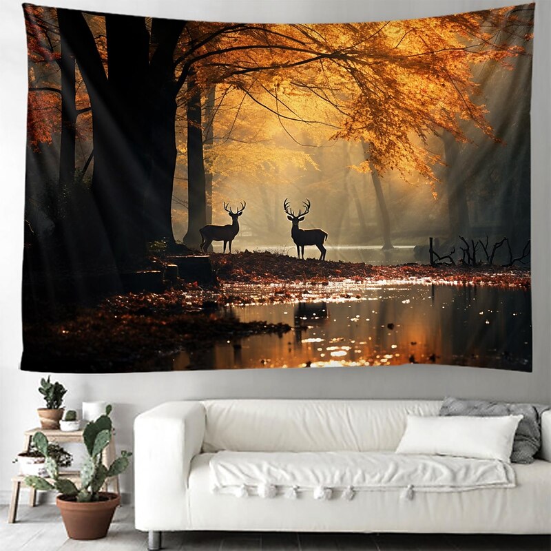 Fall Forest Hanging Tapestry Deer Wall Art Large Tapestry Mural Decor Photograph Backdrop Blanket Curtain Home Bedroom Living Room Decoration2