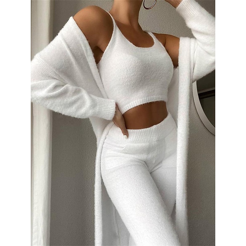 Women's Loungewear Sets 3 Pieces Pure Color Fashion Plush Casual Home Daily Vacation Knit Cotton Blend Warm Breathable Crew Neck Long Sleeve Pant Fall Winter Home Outfits2
