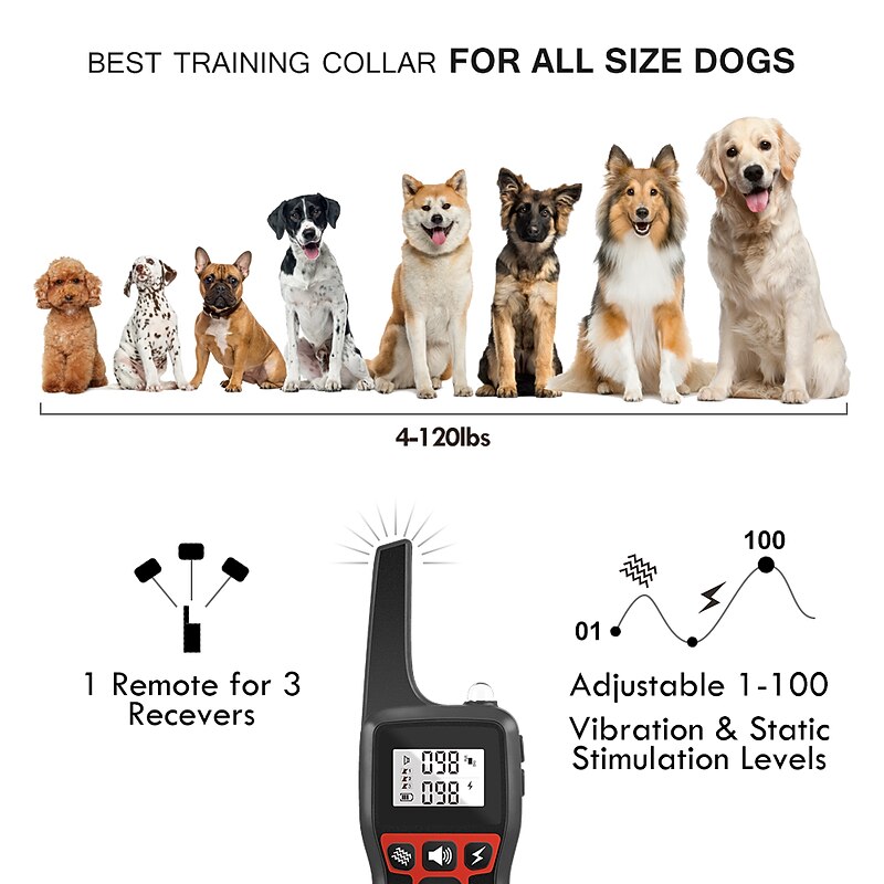 Dog training collar IP67 waterproof three training modes vibration electric shock vibration and electrostatic 100 adjustable steps can check the power level effective control distance 2800 Ft3