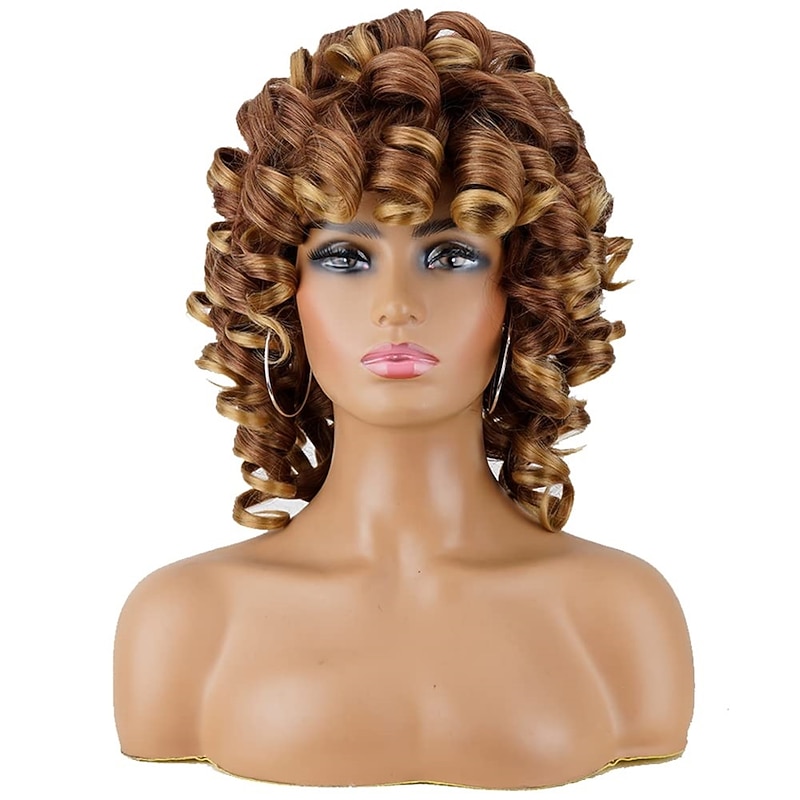 Short Curly Wigs for Black Women Soft Brown Blonde Big Curly Wig with Bangs Afro Kinky Curls Heat Resistant Daily Synthetic Wig for African American Women2