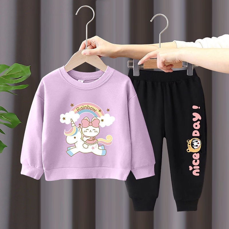 2 Pieces Kids Girls' Rainbow Crewneck Hoodie & Sweatpants Set Set Long Sleeve Active Outdoor Cotton 3-7 Years Spring Black unicorn sweater + nice black pants Black unicorn sweater + nice gray pants4