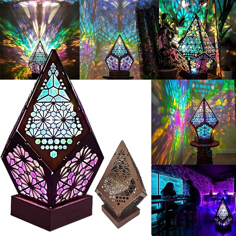 Wooden Bohemian Floor Lamp, USB Charging Hollow Geometric Colorful Lamp Retro Bohemian Light Lamp, LED Colorful Diamond Shaped Lights 3D Projection Night Lamp Desk Lamp Home Decor