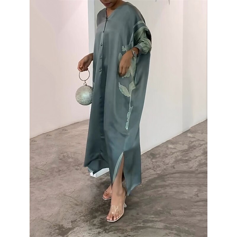 Women's Black Dress Prom Dress Party Dress Button Split V Neck Long Sleeve Floral Formal Wedding Guest White Purple Spring Fall