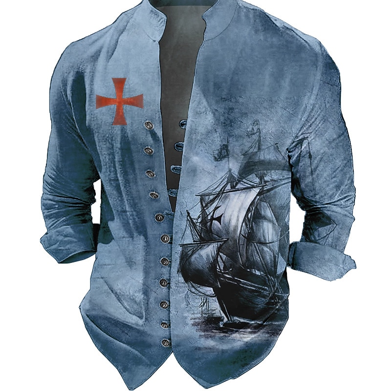 Men's Nautical Vintage Sailboat Shirt Button Up Shirt Long Sleeve Fashion Streetwear Designer Outdoor Casual Daily Summer Spring Fall Stand Collar Print Blue Brown Green Gray2