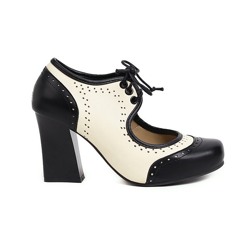 Women's Black and White Vintage Oxford Heels with Lace-Up Design, Retro Chunky Heel Shoes for Formal and Casual Wear2