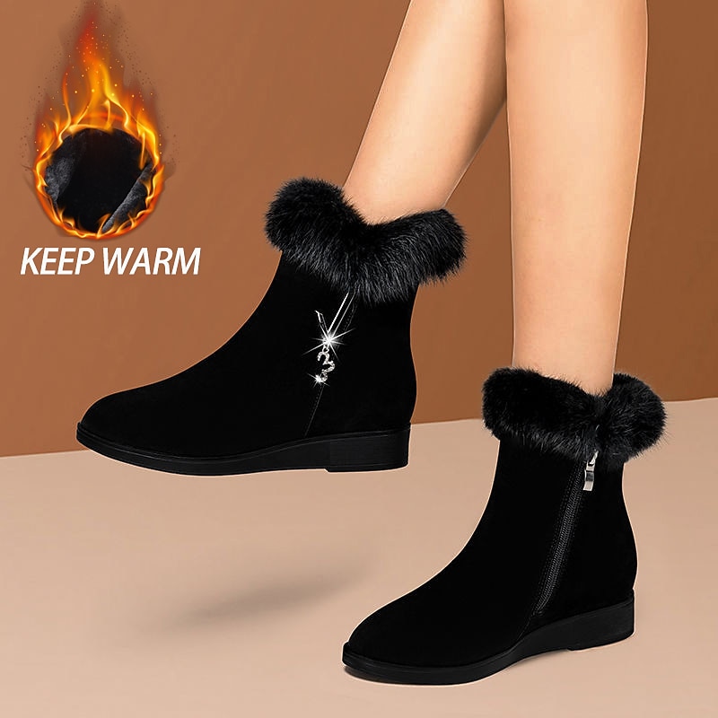 Women's Black Ankle Boots with Faux Fur Trim - Elegant Design, Comfortable Fit, Warm Lining, Perfect for Winter Casual Outings and Everyday Wear