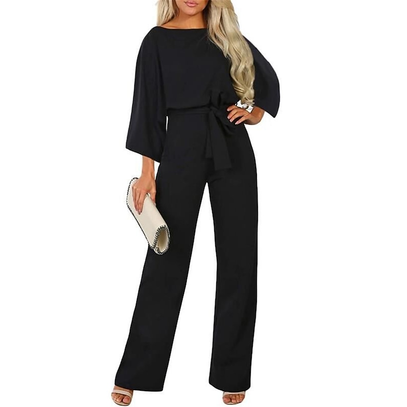 Women's Normal Jumpsuit Elegant Solid Color 3/4 Length Sleeve Crew Neck Lace up High Waist Wedding Office Regular Fit Black Navy Blue Beige Fall