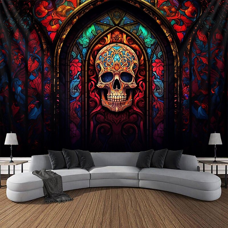 Halloween Hanging Tapestry Day of Dead Skull Wall Art Large Tapestry Mural Decor Photograph Backdrop Blanket Curtain Home Bedroom Living Room Decoration Stained Glass  Decorations4