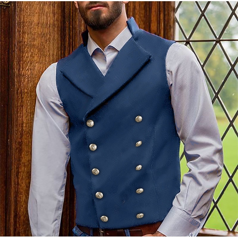 Men's Vest Waistcoat Vacation Daily Wear Going out Vintage Fashion Spring &  Fall Buttons Polyester Comfortable Plain Double Breasted V Neck Regular Fit Black Pink Dark Navy Brown Vest
