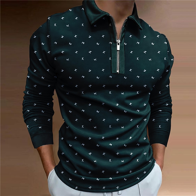 Men's Zip Polo Shirts Golf Shirt Long Sleeve Polo Shirts Collared Shirts Business Casual WorkWear Formal Wear Festival Wear 3D Print Quarter Zip Polo Olive Green Wine Navy Blue2