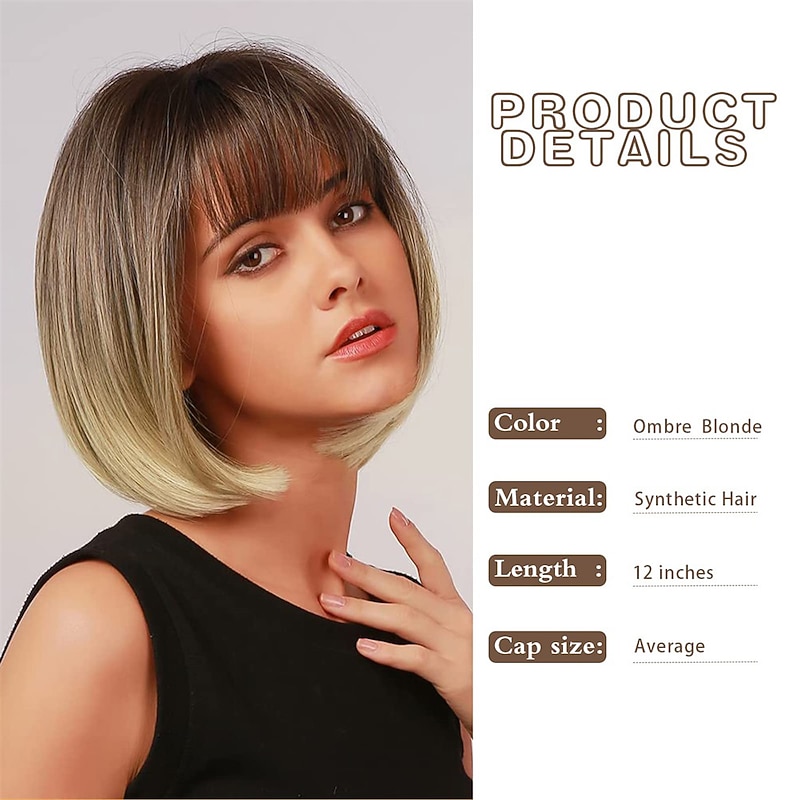 Blonde Bob Wig with Bangs - 12'' Short Blonde Wig for Women Natural Look Color Wigs with Bangs Super Soft and Easy to Wear Straight Bob Wig Synthetic Wig for Daily Halloween4