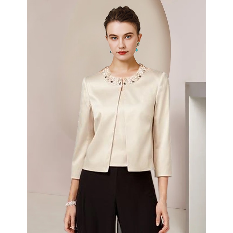 Pantsuit 3 Piece Mother of the Bride  Formal Wedding Guest Elegant Party Scoop Neck Floor Length Chiffon Satin Half Sleeve Wrap with Beading Split Front2