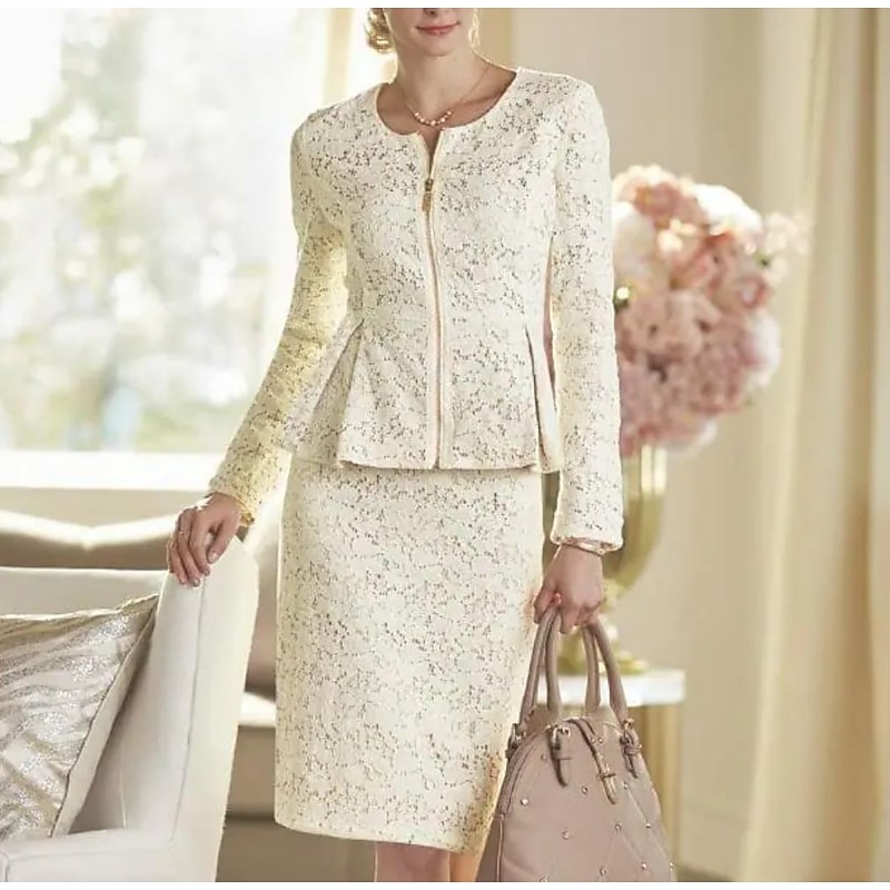 Two Piece Sheath Mother of the Bride Dress Wedding Guest Elegant Party Scoop Neck Knee Length Lace Long Sleeve Wrap Included with Solid Color Race Day Dress