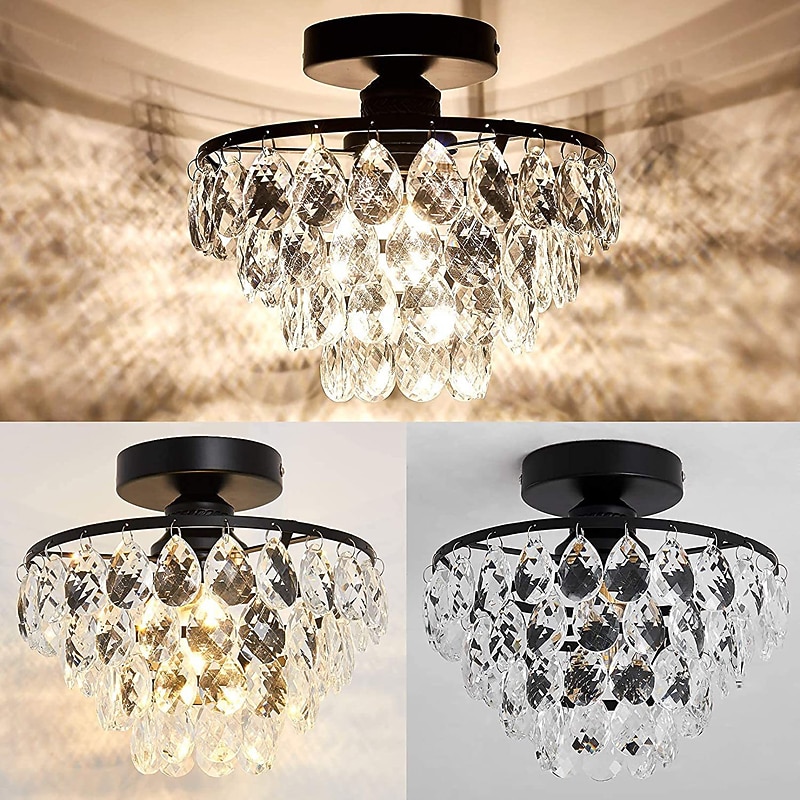 Modern Crystal Ceiling Light Anti-Corrosion and Anti-Rust Lamp Body Metal E27 Base Semi HangingFlush Mount Chandelier Hall,Bedroom LED Ceiling Light Fixtures 110-240V