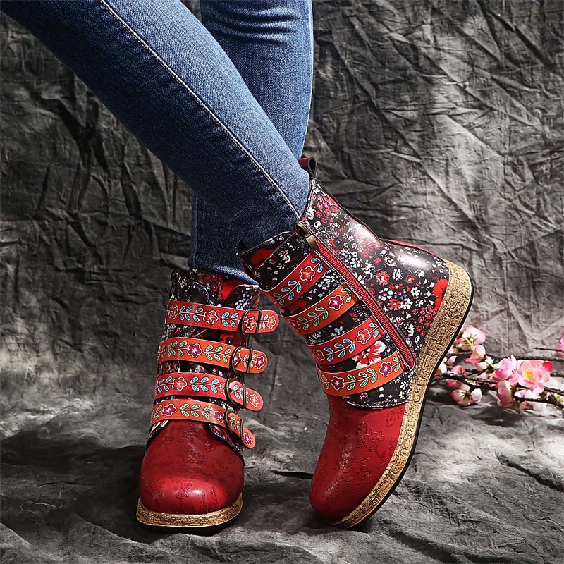 Women's Vintage Floral Embroidered Ankle Boots – Colorful Bohemian Faux Leather Boots with Buckle Straps & Side Zipper, Retro Casual Footwear for Fall & Winter