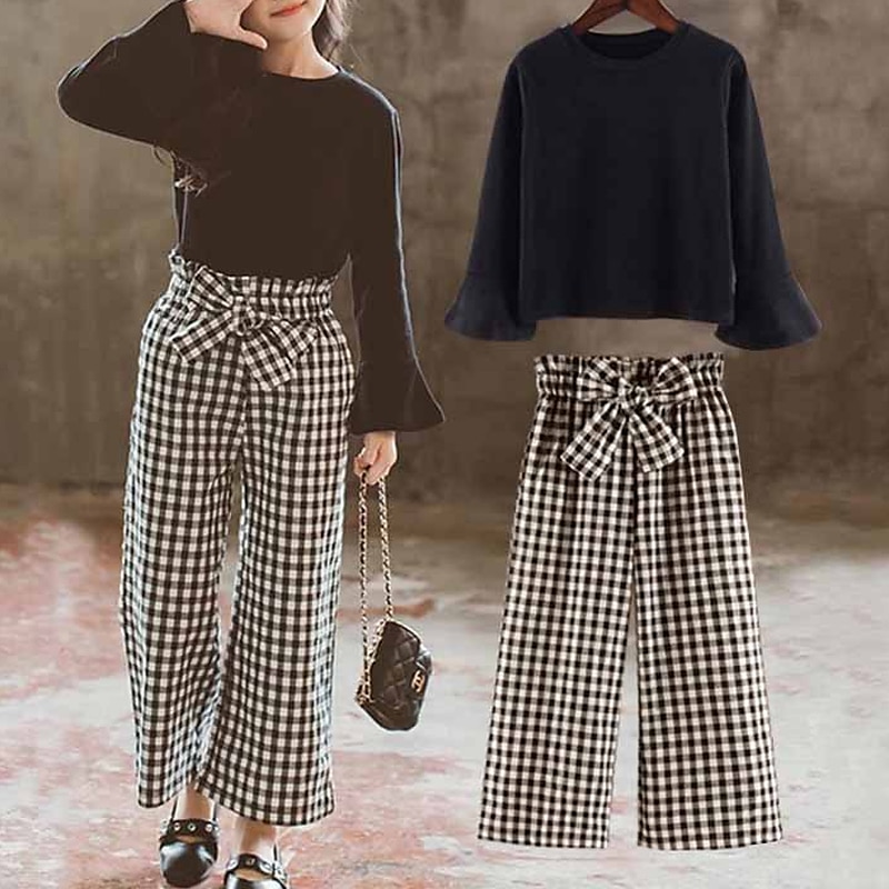 2 Pieces Kids Girls' Plaid Pants Suit Set Long Sleeve Fashion Outdoor 7-13 Years Fall Black