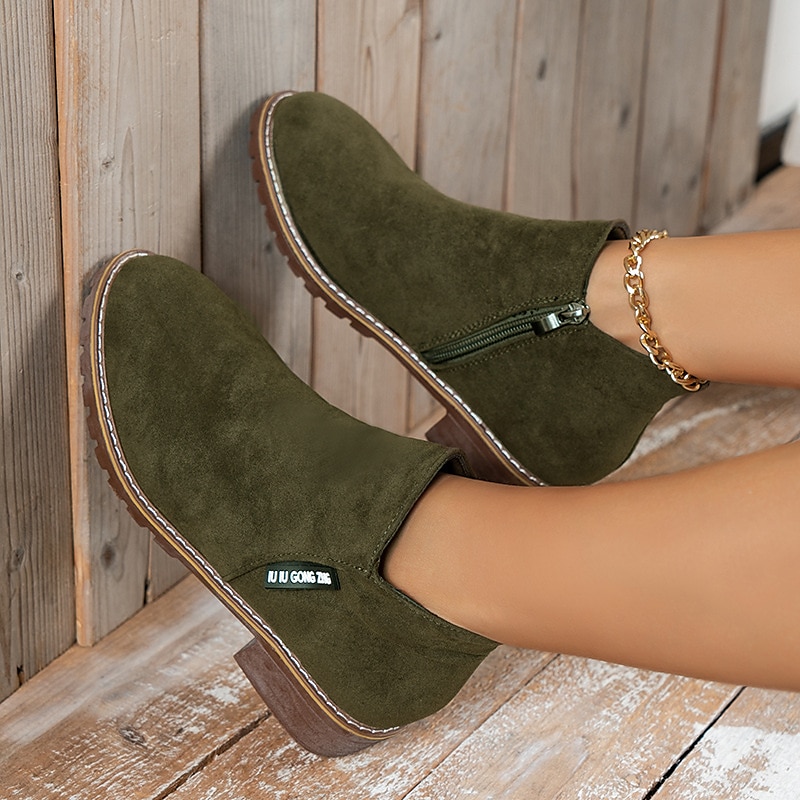 Women's Green Faux Suede Ankle Boots with Side Zipper – Casual Slip-On Chunky Heel for Everyday Wear2