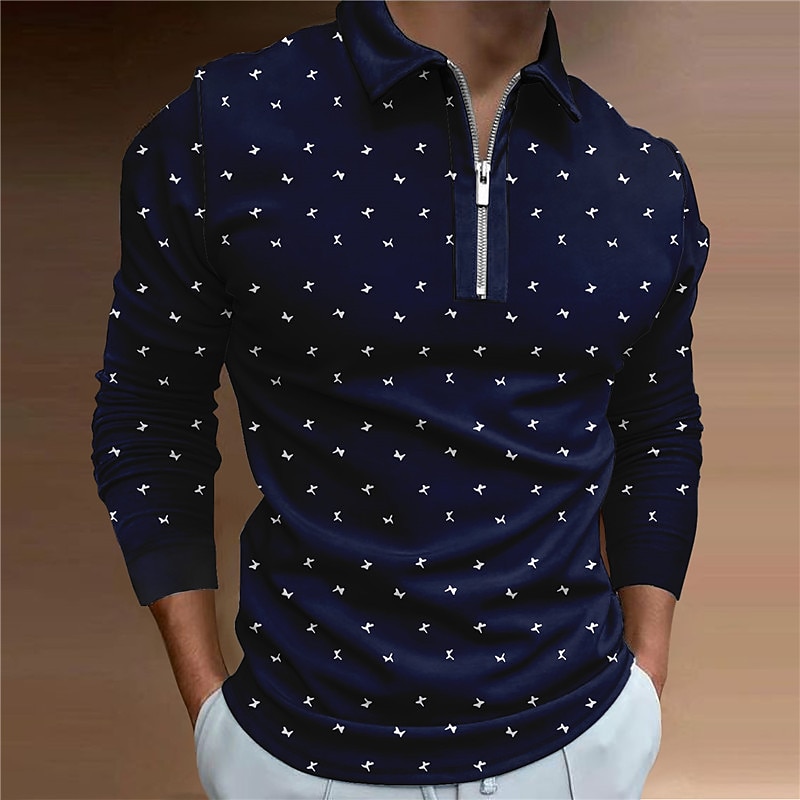 Men's Zip Polo Shirts Golf Shirt Long Sleeve Polo Shirts Collared Shirts Business Casual WorkWear Formal Wear Festival Wear 3D Print Quarter Zip Polo Olive Green Wine Navy Blue