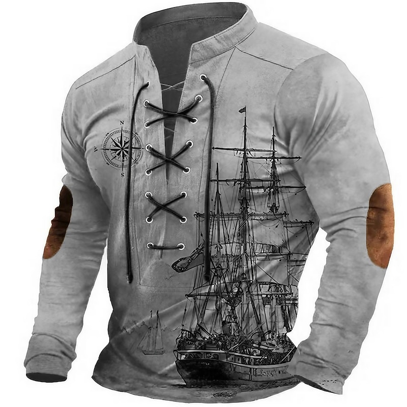 Men's Ship Graphic Prints Compass Graphic Tee Vintage Shirt Long Sleeve T shirt Shirt Fashion Designer Casual Outdoor Vacation Daily Wear Blue Green Khaki Spring &  Fall Clothing Apparel S M L XL 2XL3