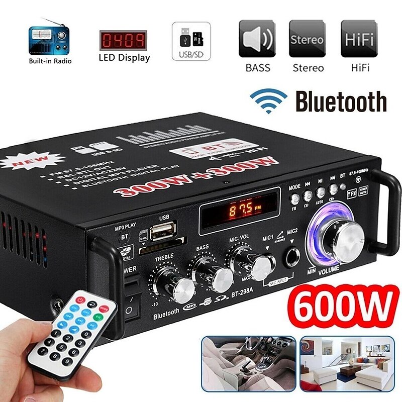 Big Promo!600W 12V/ 220V 2CH Remote Control HIFI Audio Stereo Power Amplifier Bluetooth FM Radio Car Home4