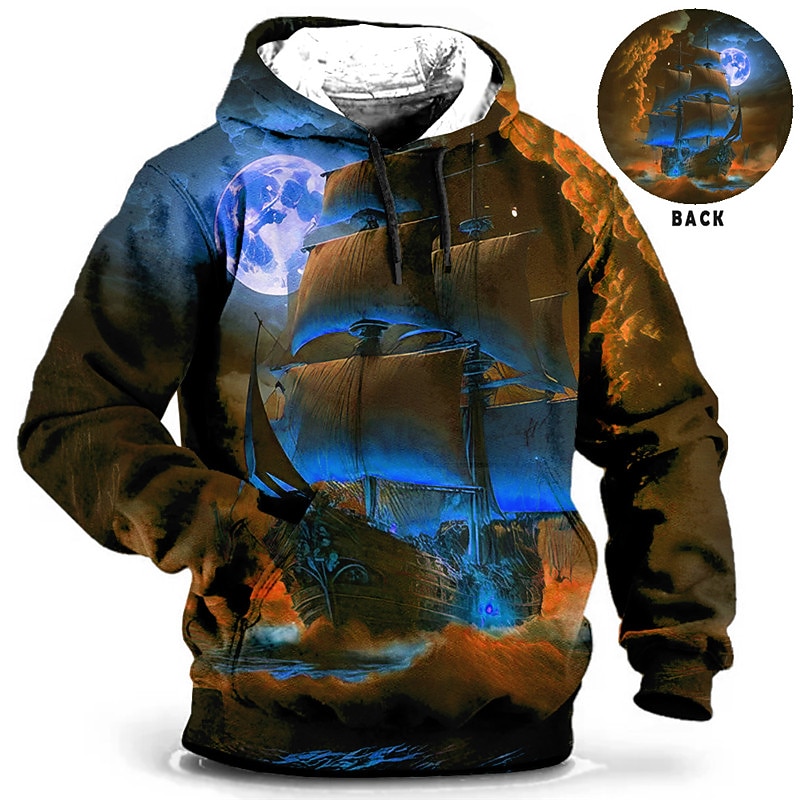 Men's Ship Graphic Prints Hoodie Hoodies Sweatshirt Daily Classic Long Sleeve Hooded Holiday Going out Streetwear Blue Brown Print Spring &  Fall Designer3