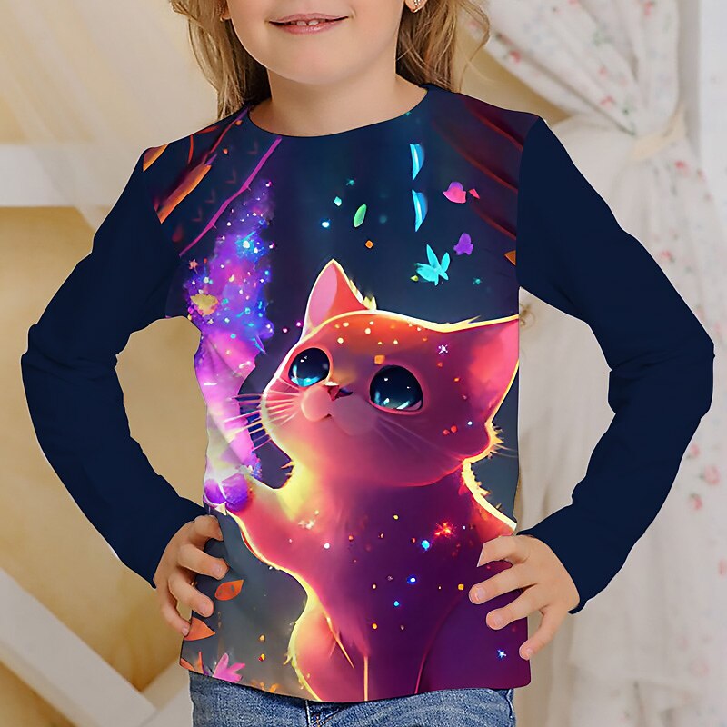 Girls' 3D Graphic Cartoon Cat T shirt Tee Long Sleeve 3D Print Summer Spring Fall Active Fashion Cute Kids 3-12 Years Outdoor Casual Daily Regular Fit2