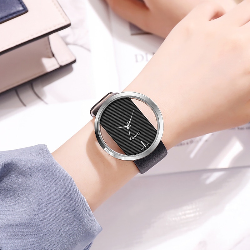 Round Pointer Quartz Watch Minimalist Clear Dial Novelty Wristwatch With Leather Watchband For Women Men3