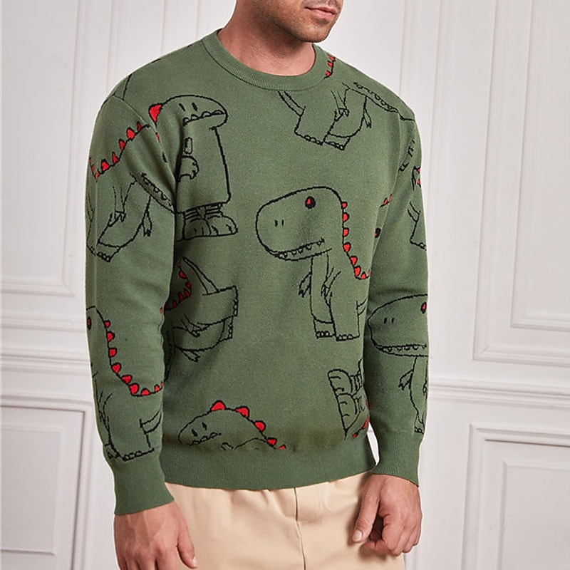 Men's Cartoon Dinosaur Pullover Sweater Jumper Knitwear Crew Neck Fashion Streetwear Designer Vacation Daily Wear Going out Knitted Long Sleeve Fall & Winter Army Green2