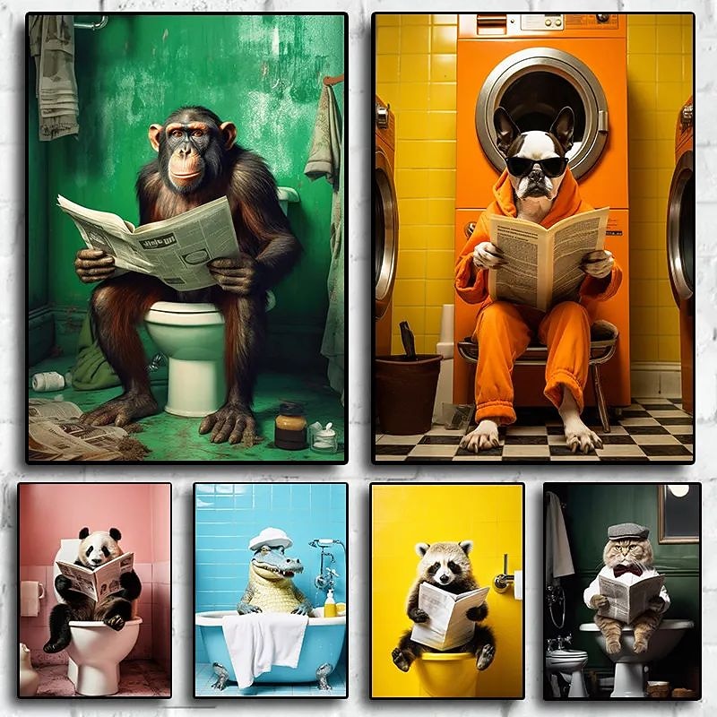 Animal Wall Art Canvas Funny Series Prints and Posters Pictures Decorative Fabric Painting For Living Room Bathroom Toilet Pictures No Frame