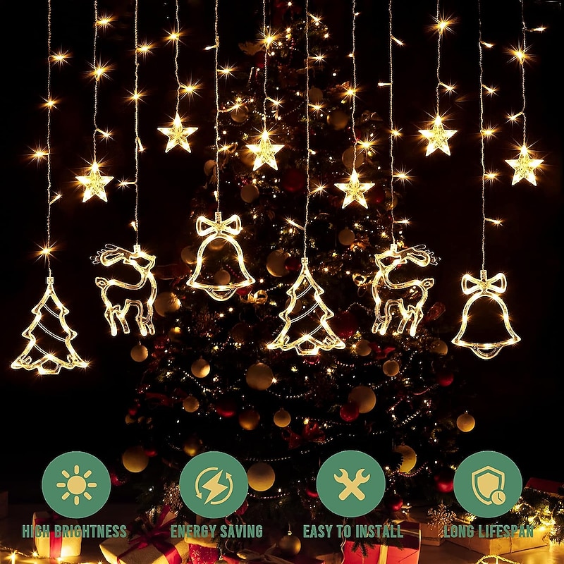 Solar Remote Control Christmas Curtain Light 3.5m Outdoor Waterproof Elk Bell Christmas Curtain String Lights Bedroom Window Balcony Garden Party Garland Light Outdoor Camping New Year Xmas Decor3