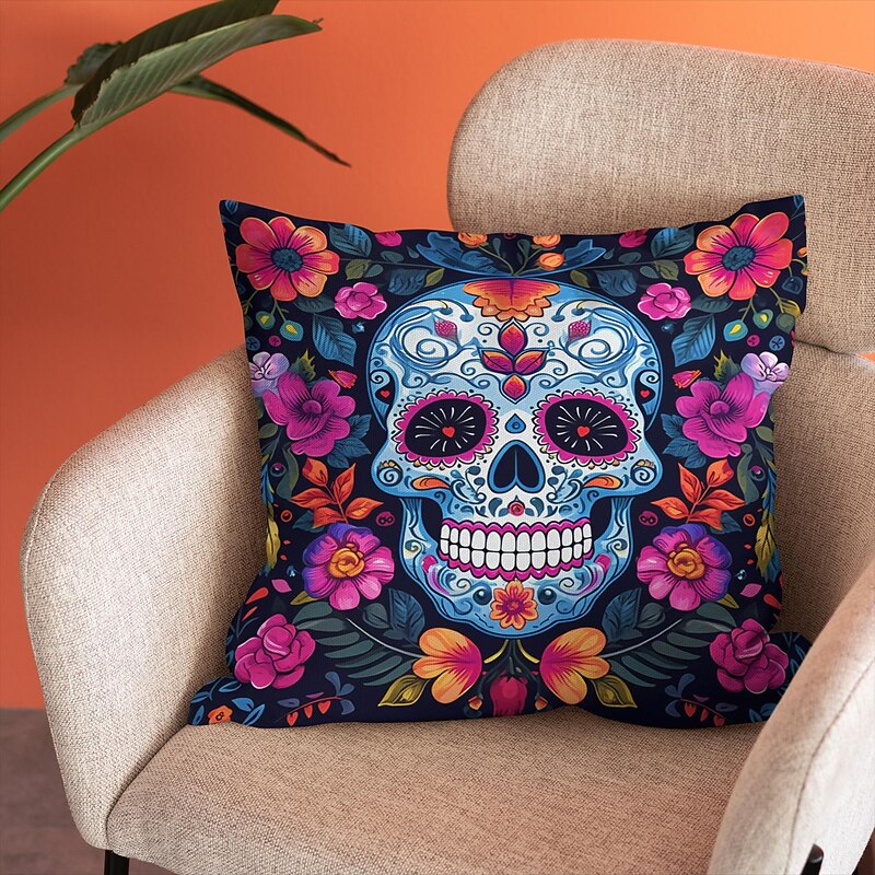 Halloween Double Side Pillow Cover 1PC Skull Day of Dead Soft Decorative Square Cushion Case Pillowcase for Bedroom Livingroom Sofa Couch Chair Decorations4