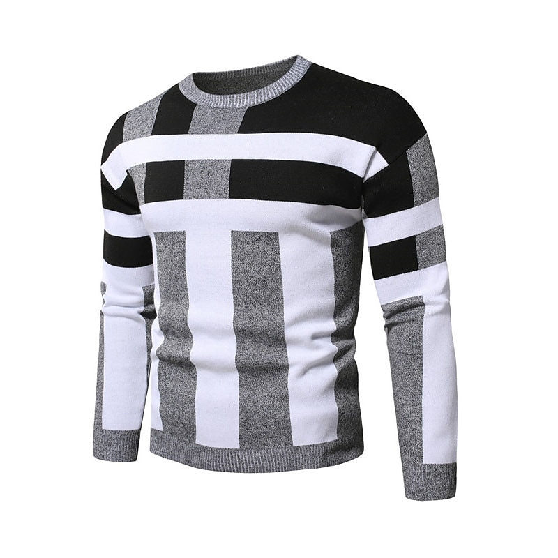 Men's Plaid Stripe Pullover Sweater Jumper Knitwear Crew Neck Fashion Streetwear Designer Vacation Daily Wear Going out Knitted Print Long Sleeve Fall & Winter Gray4