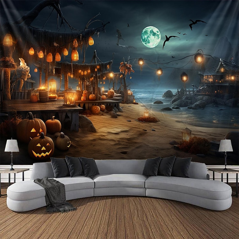 Halloween Decorations Tapestry Jack O Lantern Pumpkin Decor Wall Art Large Hanging Tapestry Mural Decor Photograph Backdrop Blanket Curtain Home Bedroom Living Room Bat Beach