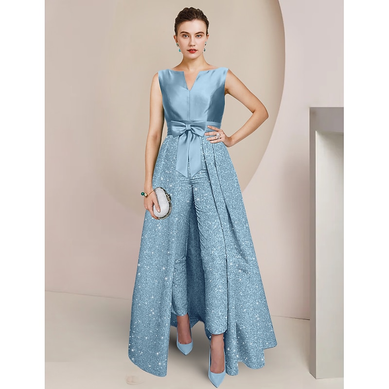 Two Piece Jumpsuit Mother of the Bride  Formal Elegant Sparkle & Shine Scoop Neck Ankle Length Sequined 3/4 Length Sleeve Wrap Included with Bow(s) Ruched2