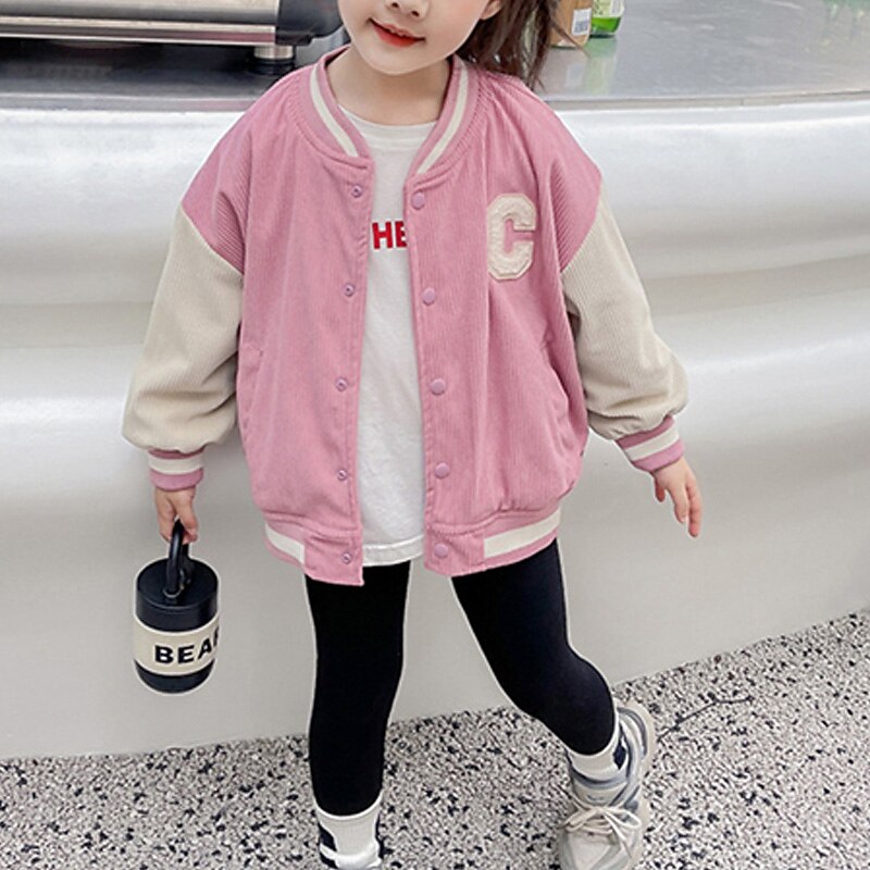 Kids Girls' Baseball Jacket Color Block Active Buttons School Cotton Coat Outerwear 2-8 Years Spring Black Light Green Pink2
