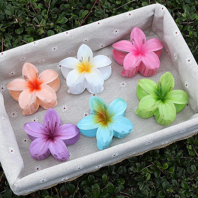 1PC Flower Claw Clips Hawaiian Hair Clips Plumeria Hair Clips Large Hair Claw Clips for Thick Hair 3.3 inch Medium Claw Clips for Thin Hair Strong Hold Nonslip Hair Clips Beach Hair Accessories for Women and Girls -Hawaii4