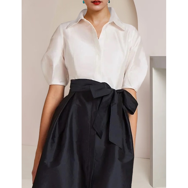 A-Line Mother of the Bride Dress Formal Wedding Guest Elegant Party Shirt Collar Floor Length Taffeta Short Sleeve with Bow(s) Color Block3