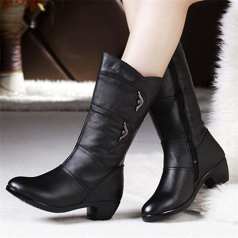 Women's Black Faux Leather Mid-Calf Boots with Side Zipper and Low Heels - Stylish and Comfortable for Everyday Wear2