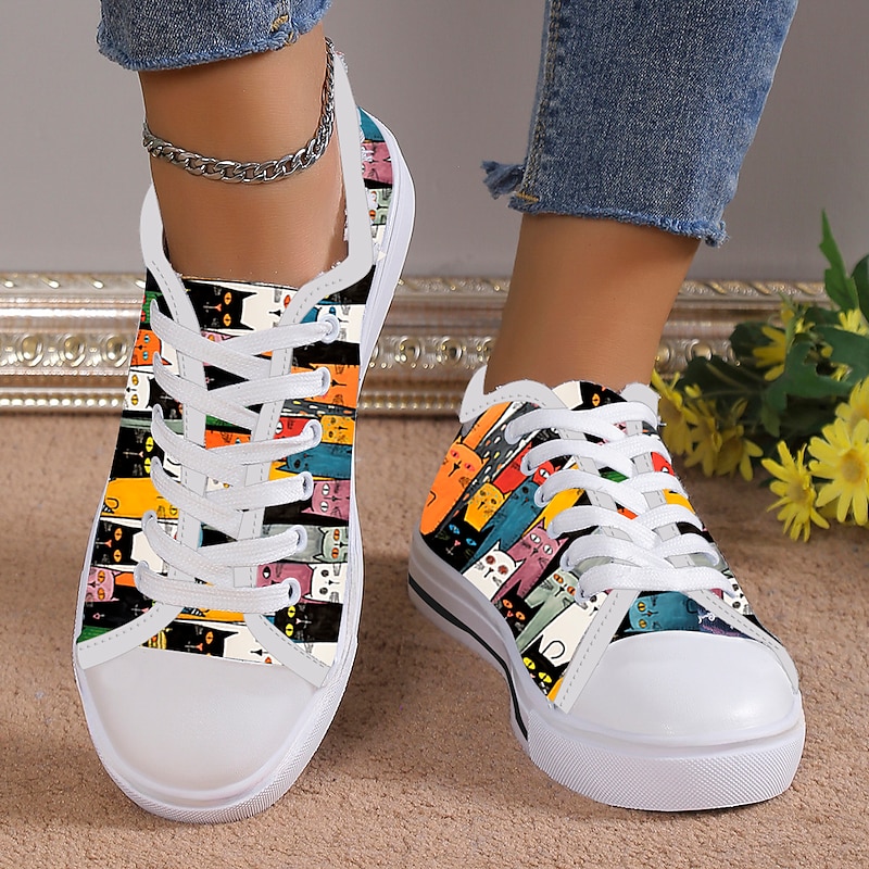 Women's Colorful Cat Print Canvas Sneakers – Cute Lace-Up Casual Shoes for Cat Lovers, Daily Wear & Walking3