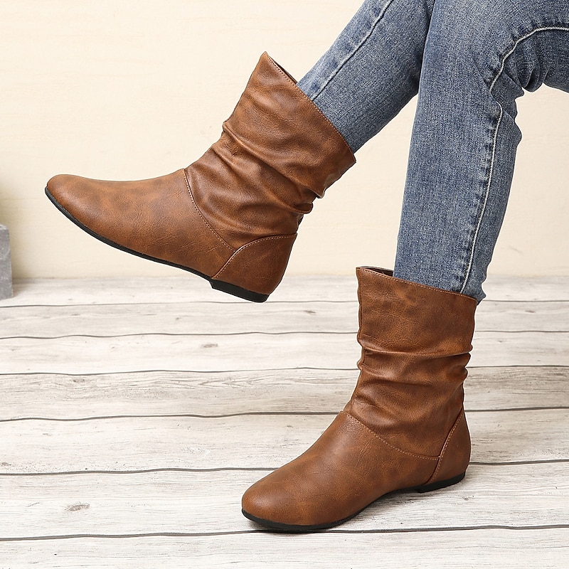 Women's Brown Slouch Mid - Calf Boots, Faux Leather Flat Heel for Versatile Everyday Casual Wear, Comfortable All - Day Style2