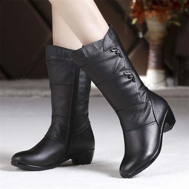 Women's Black Faux Leather Mid-Calf Boots with Side Zipper and Low Heels - Stylish and Comfortable for Everyday Wear